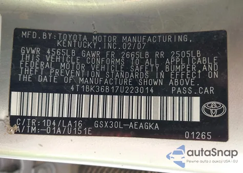 2007 Toyota Avalon Xls z USA, uszkodzony, nr VIN 4T1BK36B17U223014